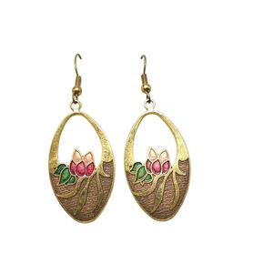 Multicolor Enamel Floral Cloisonné Dangle Drop Earrings Gold Tone Vintage